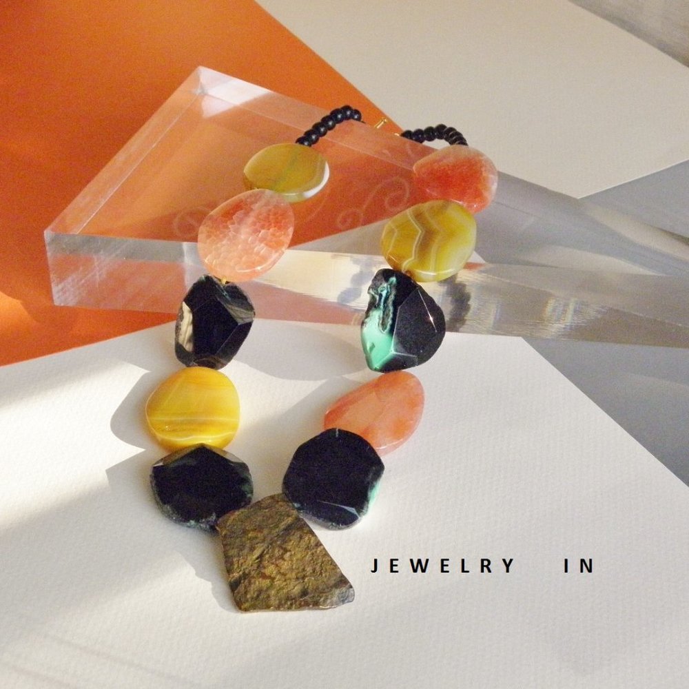 New design art deco style High Polished  agate stone handmade Necklance